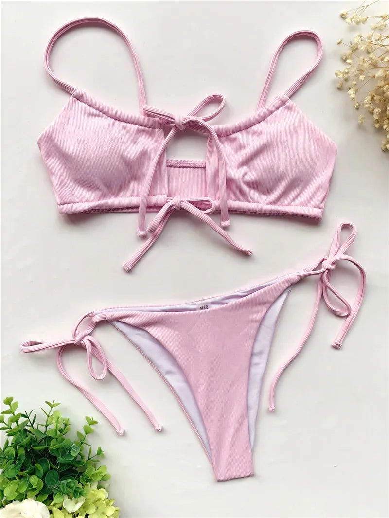 Sexy Pink Bandage Bikini Women Swimwear Cut Out Bandeau Bikini Brazilian Swimsuit Thong Bathing Suit