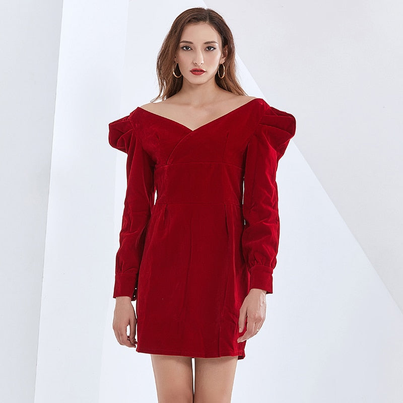 Mini Dress For Women V Neck Puff Long Sleeve High Waist Tunic Plus Size Sexy Dresses Female Clothes