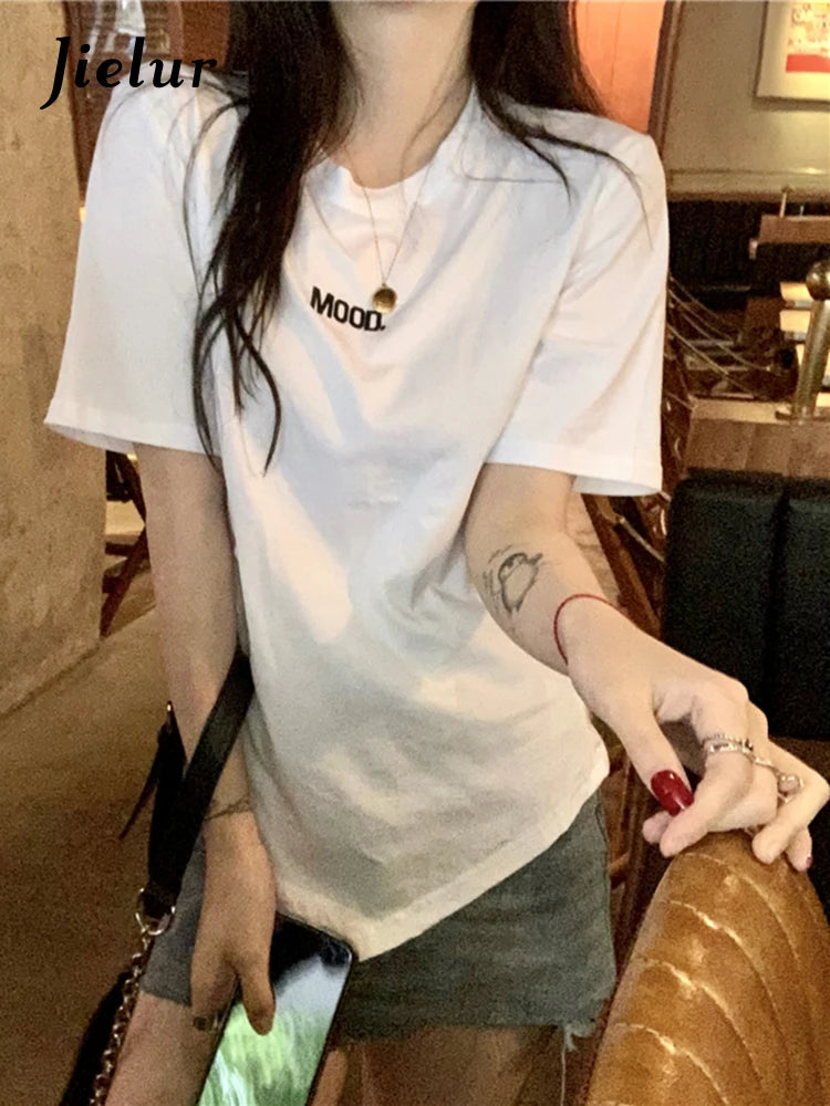 Summer Korean Fashion Short-sleeved T-shirt Women Casual Creative Letter embroidery Basic Tees Black  Trend Tops M-XL