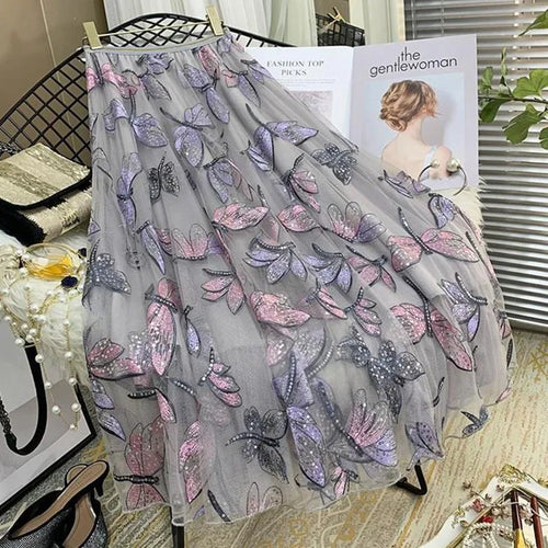 Load image into Gallery viewer, Sequin Mesh Embroidery Dragonfly Long Skirt Women's Spring And Summer Slim High Waist Pleated Sweet  Midi Tulle Skirts Female
