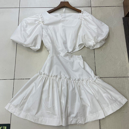 Load image into Gallery viewer, Hollow Out Sexy Dress For Women Skew Collar Puff Sleeve High Waist Mini Summer Dresses Female Fashion Clothes
