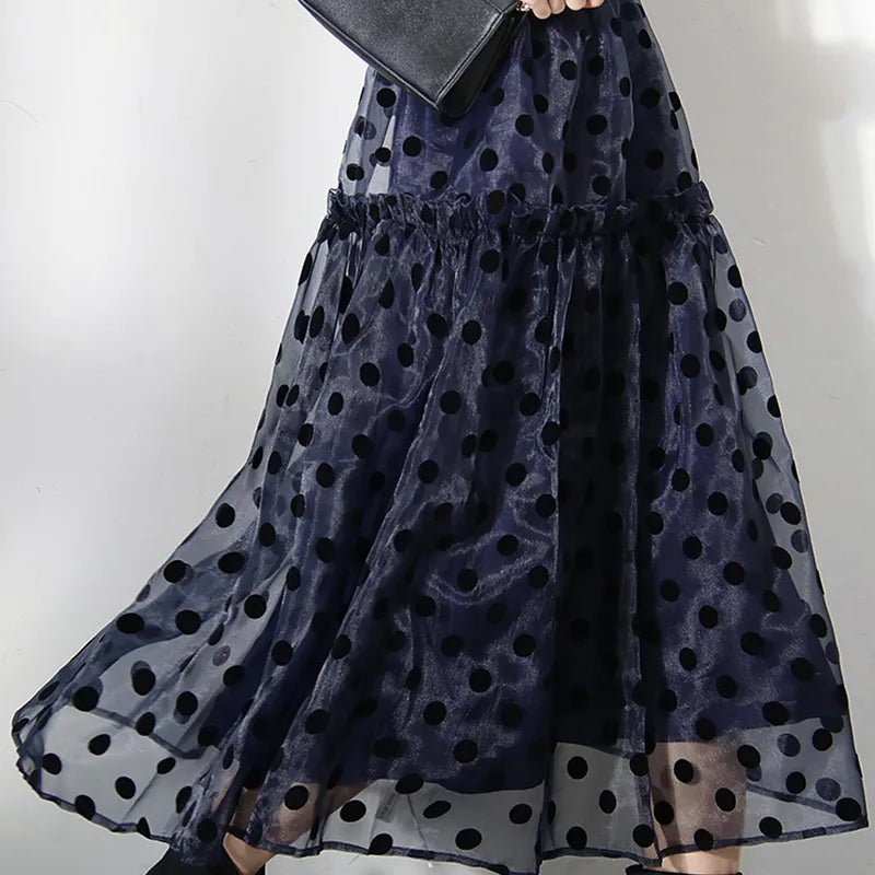 Sweet Dot Sheer Mesh Women's Clothing High Waist Patchwork Colorblock A Line Long Skirts Female Spring Stylish