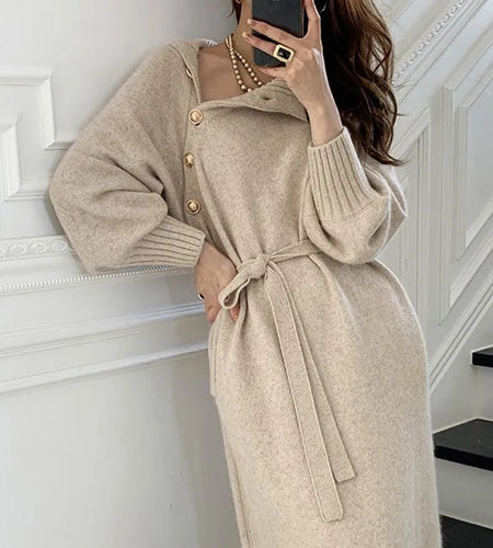 Elegant Sweater Dress Female Fashion Casual Loose Turtleneck Solid Pullover Sash Tie Up Robe Femme Autumn Winter Party Dress