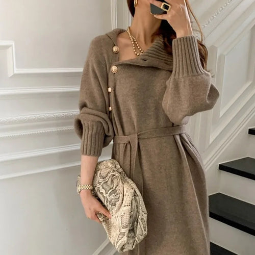 Load image into Gallery viewer, Elegant Sweater Dress Female Fashion Casual Loose Turtleneck Solid Pullover Sash Tie Up Robe Femme Autumn Winter Party Dress
