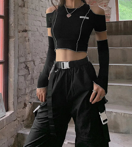 Patchwork Black T-shirts Gothic One Shoulder Sleeve Crop Tops Ruffles Hem Hip Hop Techwear Women Tees