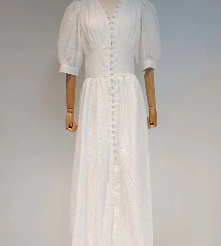 Vintage Plain Dress For Women V Neck Short Puff Sleeve High Waist Mid A Line Dresses Female 2022 Spring Fashion Clothing New