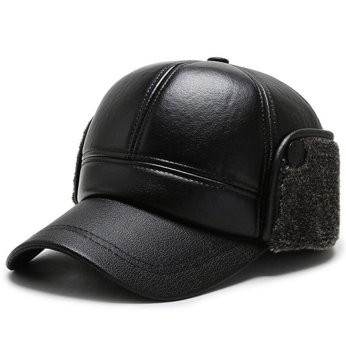 Load image into Gallery viewer, Warm Winter Bomber Hat PU Leather Black Baseball Cap for Men Velvet Thick Men&#39;s Cap Earflaps Gorras Hombre Snapback
