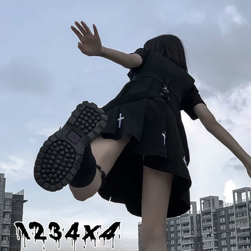 Goth Dress Punk Gothic Harajuku Summer Black Mini Dress Shirt Women Short Sleeve Emo Clothes Mall Goth Dark Academia