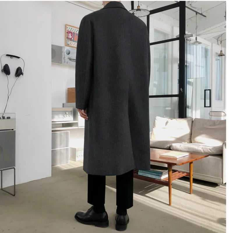 Woolen Coat Men's Korean Fashion Over The Knee Mid Length Winter Thickening Loose Double Breasted Warm Long Coat 9Y4486