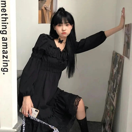 Load image into Gallery viewer, Gothic Black Lace Ruffle Dress For Girls Princess Party Ruched Fairy Grunge Long Sleeve Dresses Woman Fashion Korean
