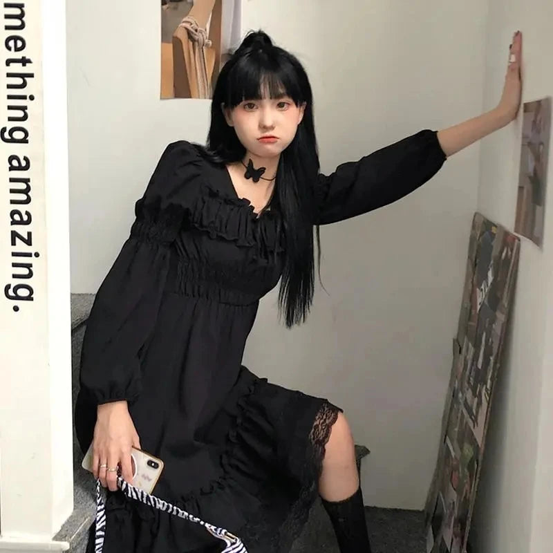 Gothic Black Lace Ruffle Dress For Girls Princess Party Ruched Fairy Grunge Long Sleeve Dresses Woman Fashion Korean