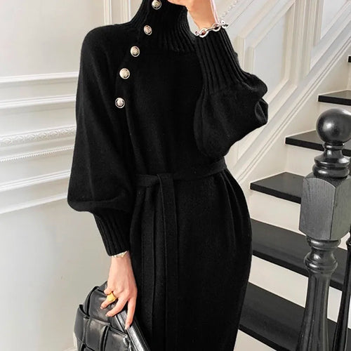 Load image into Gallery viewer, Elegant Sweater Dress Female Fashion Casual Loose Turtleneck Solid Pullover Sash Tie Up Robe Femme Autumn Winter Party Dress
