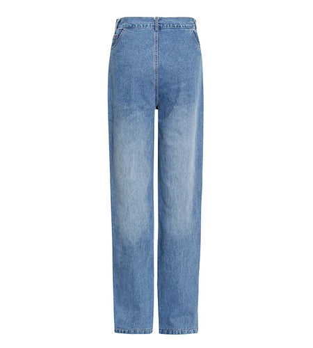 Blue Straight Wide Leg Pants For Women High Waist Full Length Casual Loose Minimalist Jeans Female Fall