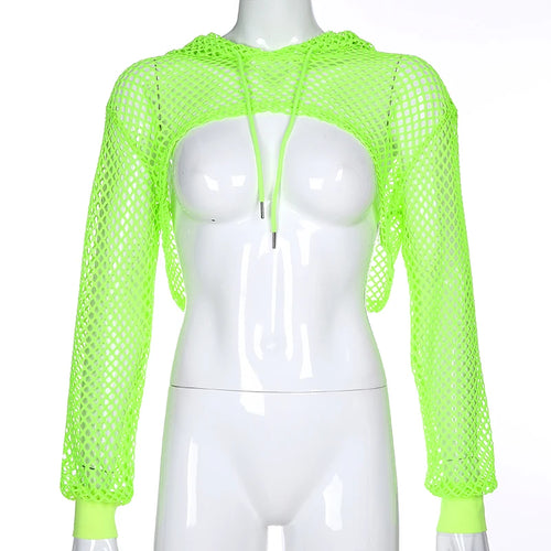 Load image into Gallery viewer, Streetwear Neon Green Mesh Fishnet Top Women Tshirt Perspective Smock Long Sleeve Women&#39;s T-shirts Sexy Cropped Shirt
