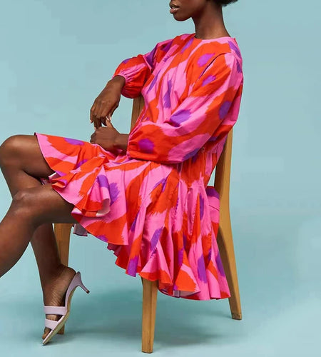 Print Dress For Women O Neck Long Lantern Long Sleeve Patchwork Bandage High Waist A Line Casual Dress Female 2022 Clothing