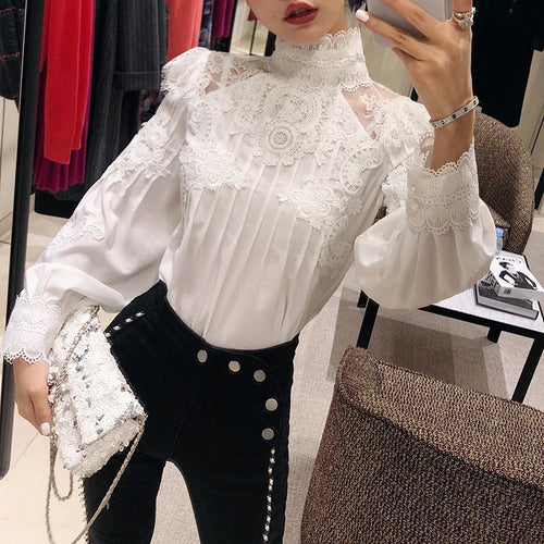 Load image into Gallery viewer, Mesh Lace Patchwork Shirt Female Stand Collar Lantern Sleeve Woman Blouses Autumn Korean Fashion Clothing
