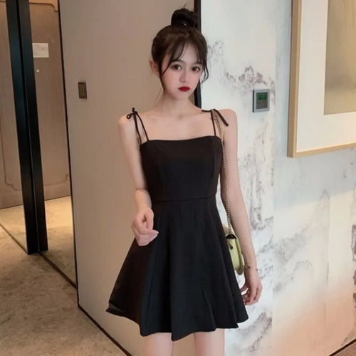 Load image into Gallery viewer, Black Spaghetti Strap Slip Dress Summer Sundresses Korean Fashion Style Off Shoulder Dress Backless Mini Party Dress
