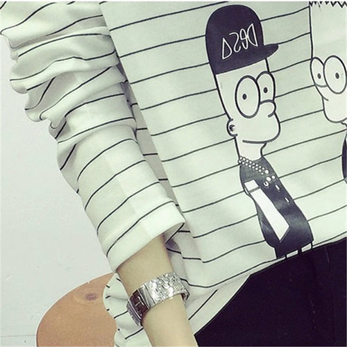 Load image into Gallery viewer, Autumn Spring Creative Lovely Cartoon Printed T-shirts for Women Full Sleeve Simple Loose Top Stripe White T-shirt Female XL-XXL
