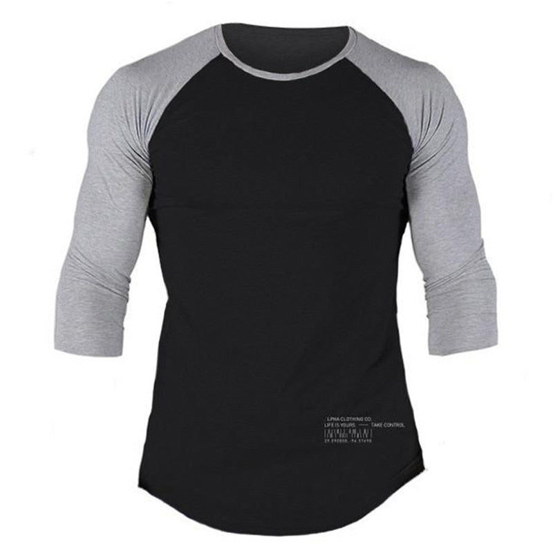 Men Gym Fitness T-shirt Cotton Shawl Sleeve Shirts Bodybuilding Slim Fit Workout Patchwork Casual Skinny Tee Tops Male Clothing