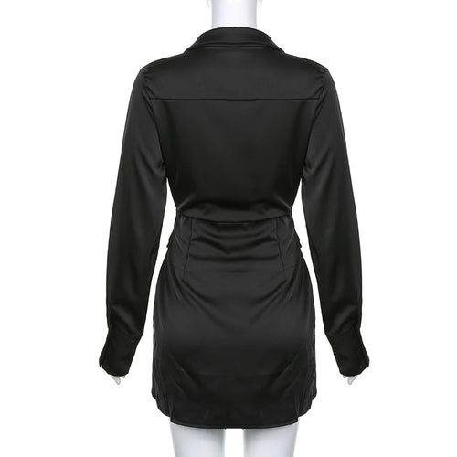 Load image into Gallery viewer, Fashion Asymmetrical Long Sleeve V Neck Black Dress Women Wrap Ruched Solid Shirt Dress Sexy Mini Ladies Elegant

