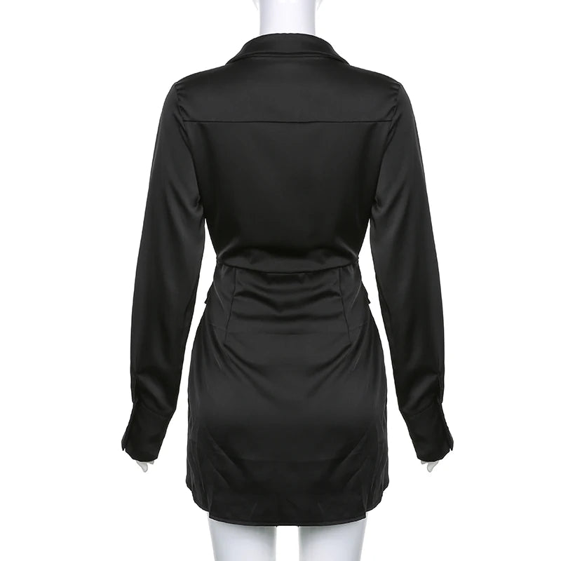 Fashion Asymmetrical Long Sleeve V Neck Black Dress Women Wrap Ruched Solid Shirt Dress Sexy Mini Ladies Elegant