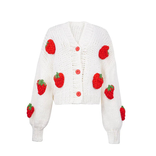 Load image into Gallery viewer, Women&#39;s Winter Sweater Coat Thick Knitwear Strawberry Chic Crochet Tops Autumn V-neck Loose Vintage Casual Cardigan For Women

