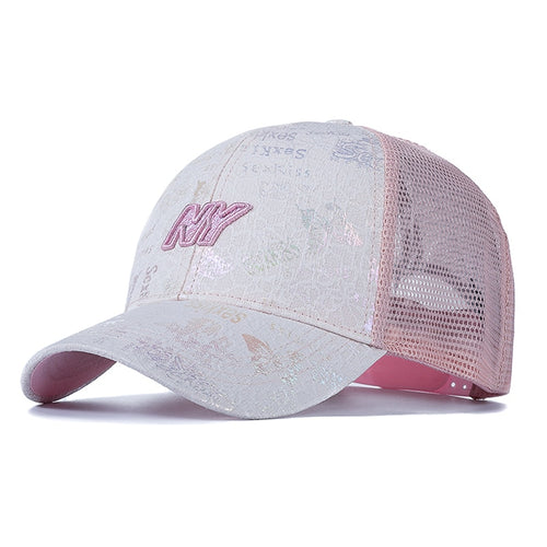 Load image into Gallery viewer, Women Cotton Trucker Hat Fashion NY Embroidered Baseball Cap Shiny Butterfly Style Adjustable Outdoor Streetwear Mesh Cap
