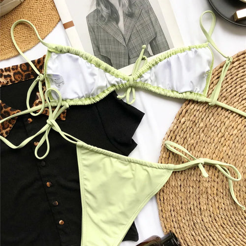 Load image into Gallery viewer, Sexy Solid Pleated Bikini Set Thong Swimsuits Women Push Up Swimwear Drawstring Brazalian Bathing Suit Summer
