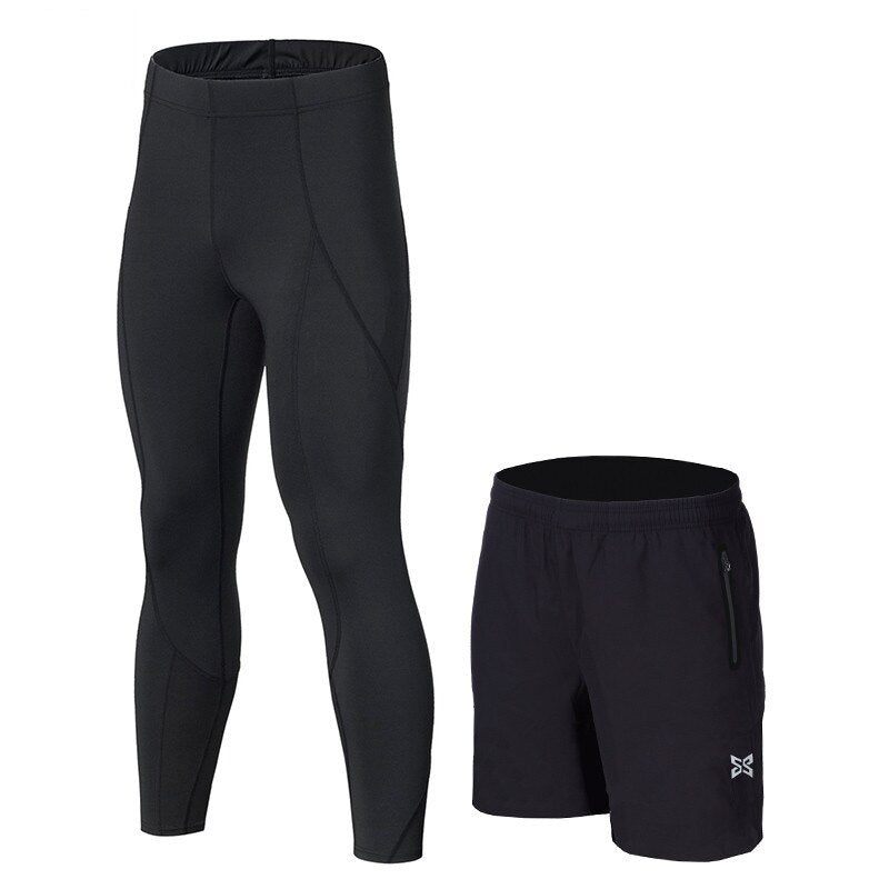 Men Running Tights Shorts Pants Sport Clothing Soccer Leggings Compression Fitness Football Basketball Tights Zipper Pocket 2Pcs