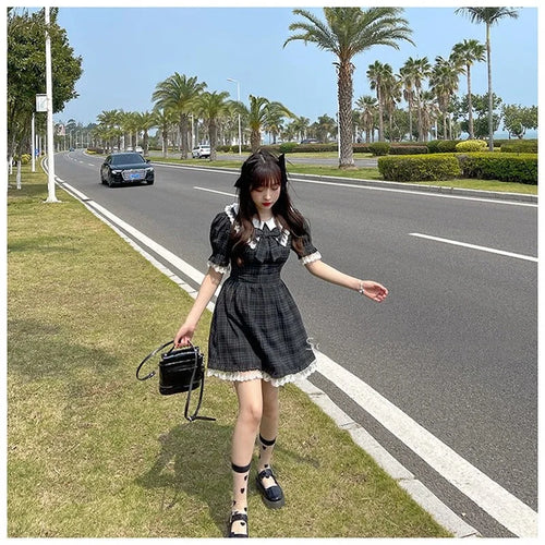 Load image into Gallery viewer, Kawaii Cute Dress Woman Soft Vintage Grunge Plaid Sundress Lace Princess Lolita Mini Dress Gothic Japanese
