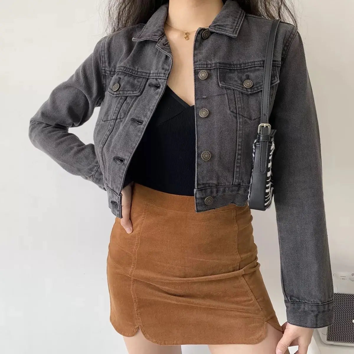 Vintage Black Denim Cropped Jacket Women Dark Gray Long Sleeve Short Jeans Jackets Ladies Fashion Distressed Coats Solid