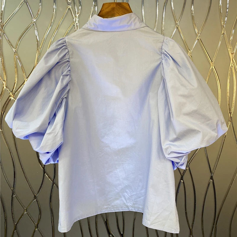 White Short Blouse For Women Lapel Puff Sleeve Patchwork Diamond Casual Shirt Female Fashion Clothing