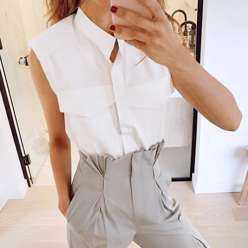 Load image into Gallery viewer, Elegant Women Shirts Lepal Collar Sleeveless Loose Loose Elegant Ruched Blouses For Female Fashion Clothes
