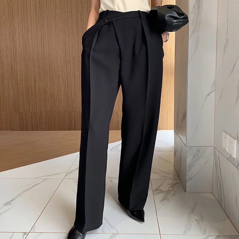 Casual Women Pants High Waist Ruched Loose Irregular Long Stragiht Trousers Female Spring Fashion Clothing