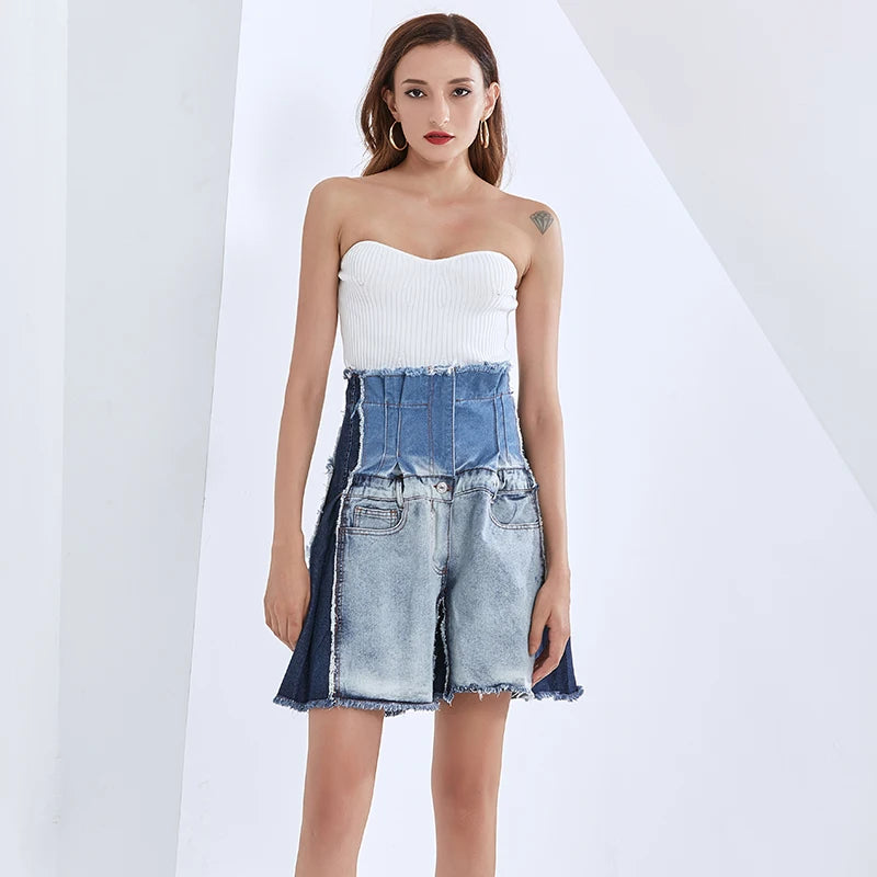 Patchwork Tassel Hit Color Wide Leg Short For Women High Waist Casual Shorts Female 2020 Summer Fashion New Style