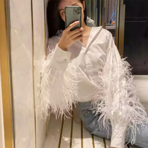 Load image into Gallery viewer, Casual Patchwork Feather Blouse For Women Lapel Lantern Sleeve White Solid Shirt Female Fashion Clothing
