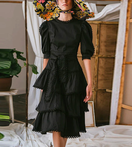 Black Patchwork Vintage Dress For Women Stand Collar Puff Short Sleeve High Waist Mid Dresses Females Summer 2022 New Style