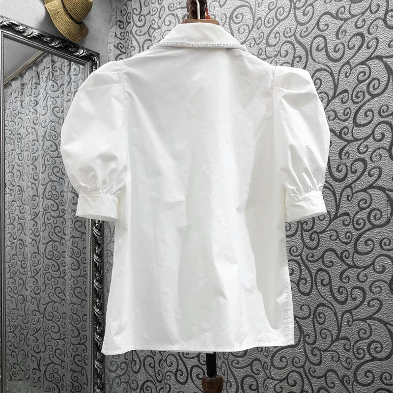 Casual Patchwork Pearl Shirt For Women Lapel Short Sleeve Elegant Blouse Female Fashion Clothing Stylish