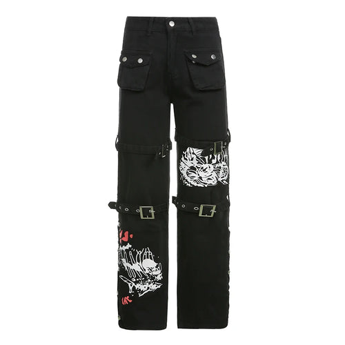 Load image into Gallery viewer, Retro Grunge Gothic Printed Cargo Pants Women Jeans Buckle Dark Academia Punk Style High Waist Jeans Denim Aesthetic
