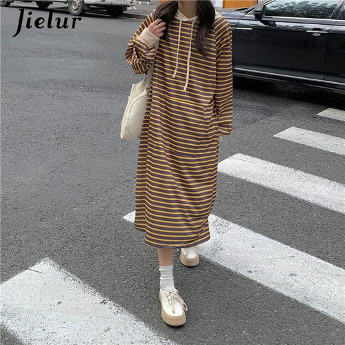 Load image into Gallery viewer, Black Striped Sweatshirt Women 2021 Casual Korean O-neck Pullovers Thick Autumn Winter Yellow Loose Long Hoodies Clothing
