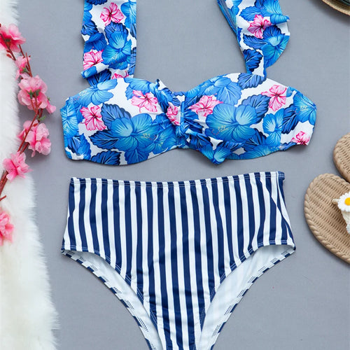 Load image into Gallery viewer, Blue Flower Print Ruffled Bikini Set Stripe High Waist Swimsuit Sexy Swimwear Women Female Bandage Bathing Suit
