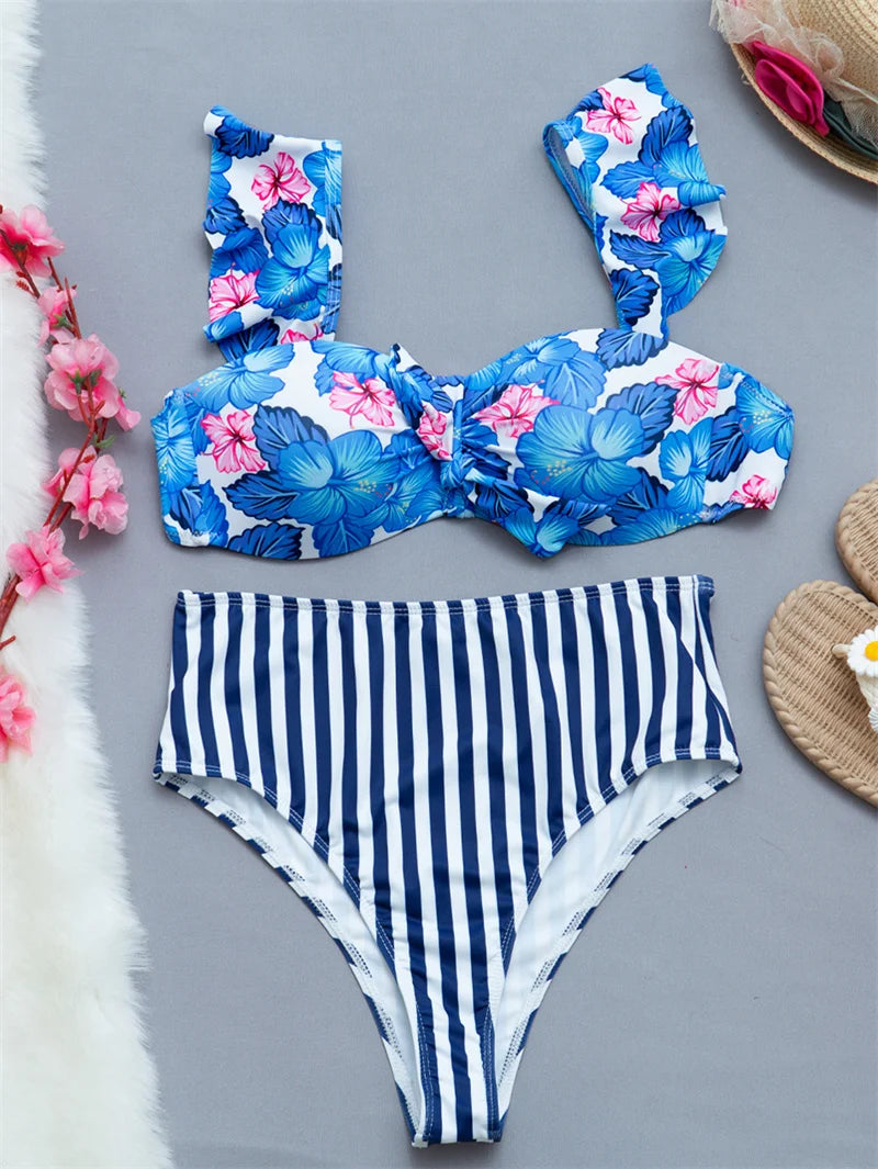 Blue Flower Print Ruffled Bikini Set Stripe High Waist Swimsuit Sexy Swimwear Women Female Bandage Bathing Suit