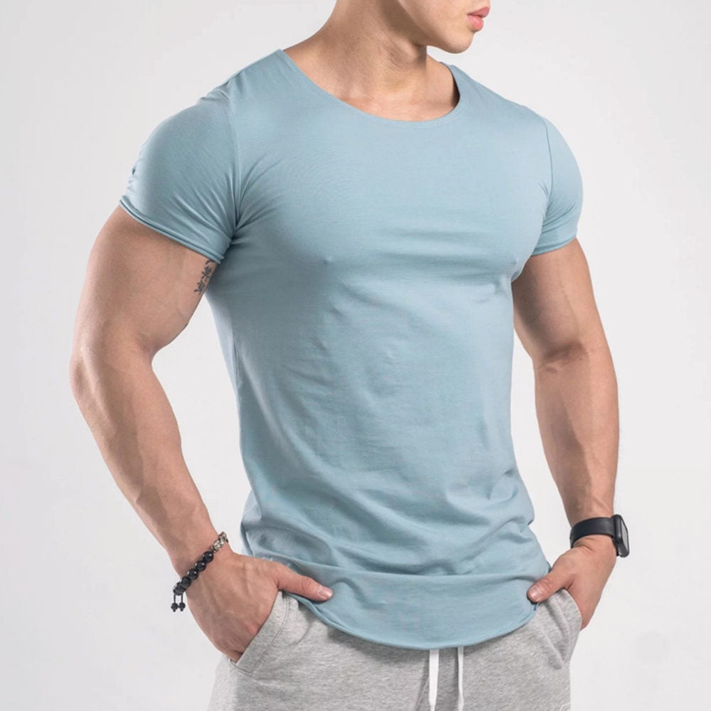 Gym T-shirt Men's Fitness Workout Cotton Shirt Male Bodybuilding Running Training Skinny Tee Tops Summer Casual Solid Clothing