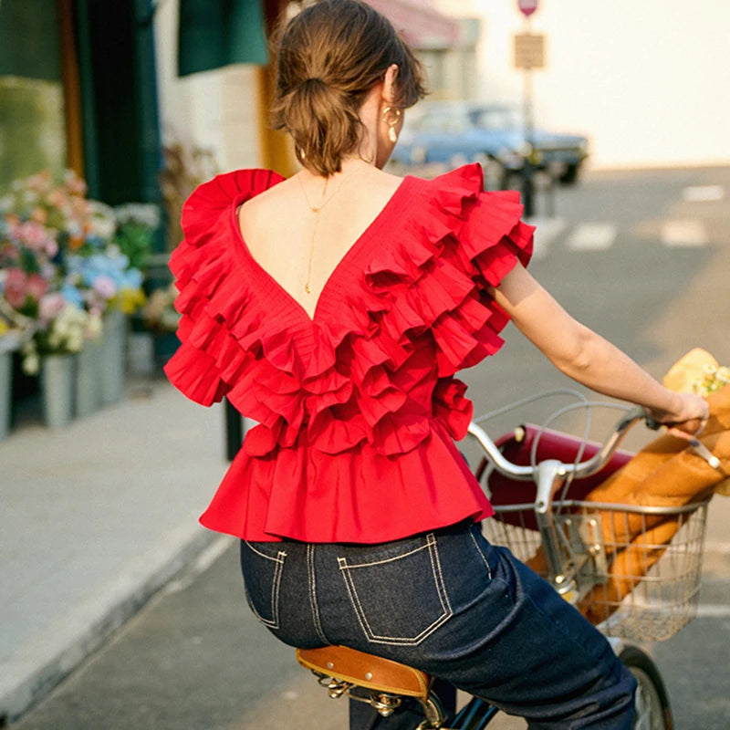 Red Casual Patchwork Ruffle Shirts For Women V Neck Short Sleeve Ruched Slim Blouses Female Summer Fashion