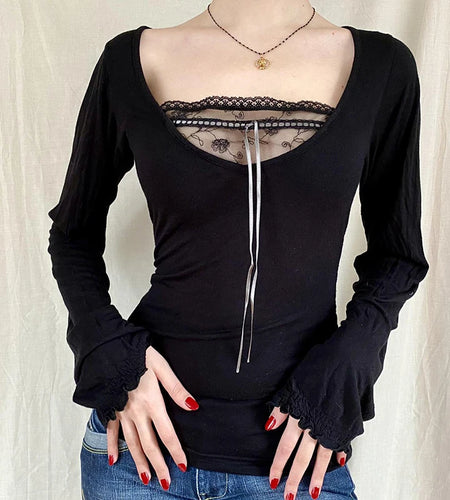 Sexy Lace Patchwork Solid Casual Basic Tshirt Women Vintage Black Long Sleeve Top Tees Cute Pullovers Chic Clubwear