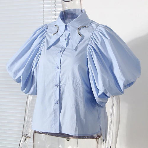 Load image into Gallery viewer, Casual Blue Diamonds Shirts For Women Lapel Puff Short Sleeve Straight Korean Blouses Female Summer Fashion Clothes
