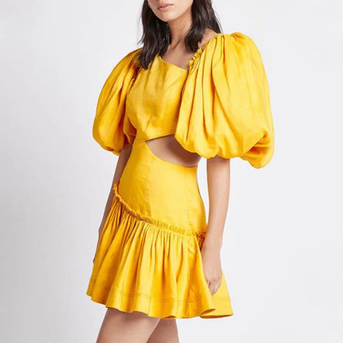 Load image into Gallery viewer, Yellow Casual Dress For Women Skew Collar Puff Half Sleeve High Waist Hollow Out Mini Dresses Female 2021 Summer Fashion New
