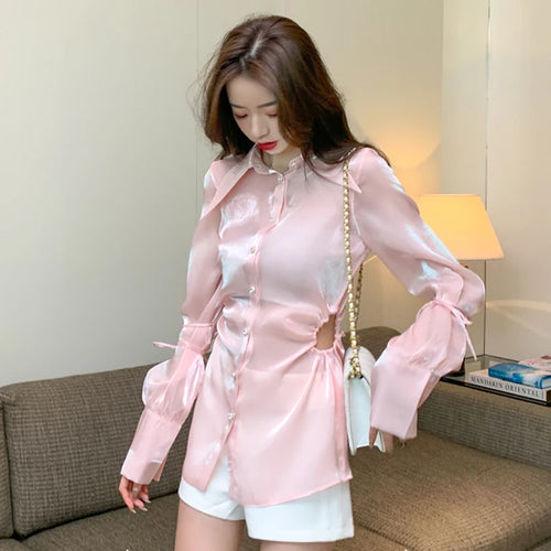 Load image into Gallery viewer, Sexy Pink Cut Out Women&#39;s Shirt Lapel Long Sleeve Korean Gathered Waist Fashion Woman Blouses Autumn Style
