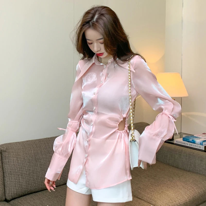 Sexy Pink Cut Out Women's Shirt Lapel Long Sleeve Korean Gathered Waist Fashion Woman Blouses Autumn Style