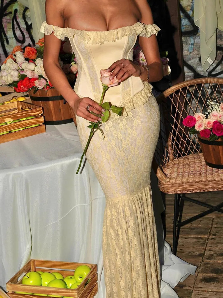 Elegant Sleeveless Bandage Ruffle Edge Printed Dress Women Zipper Slim Long Dress Open Back Party Club Evening Dress